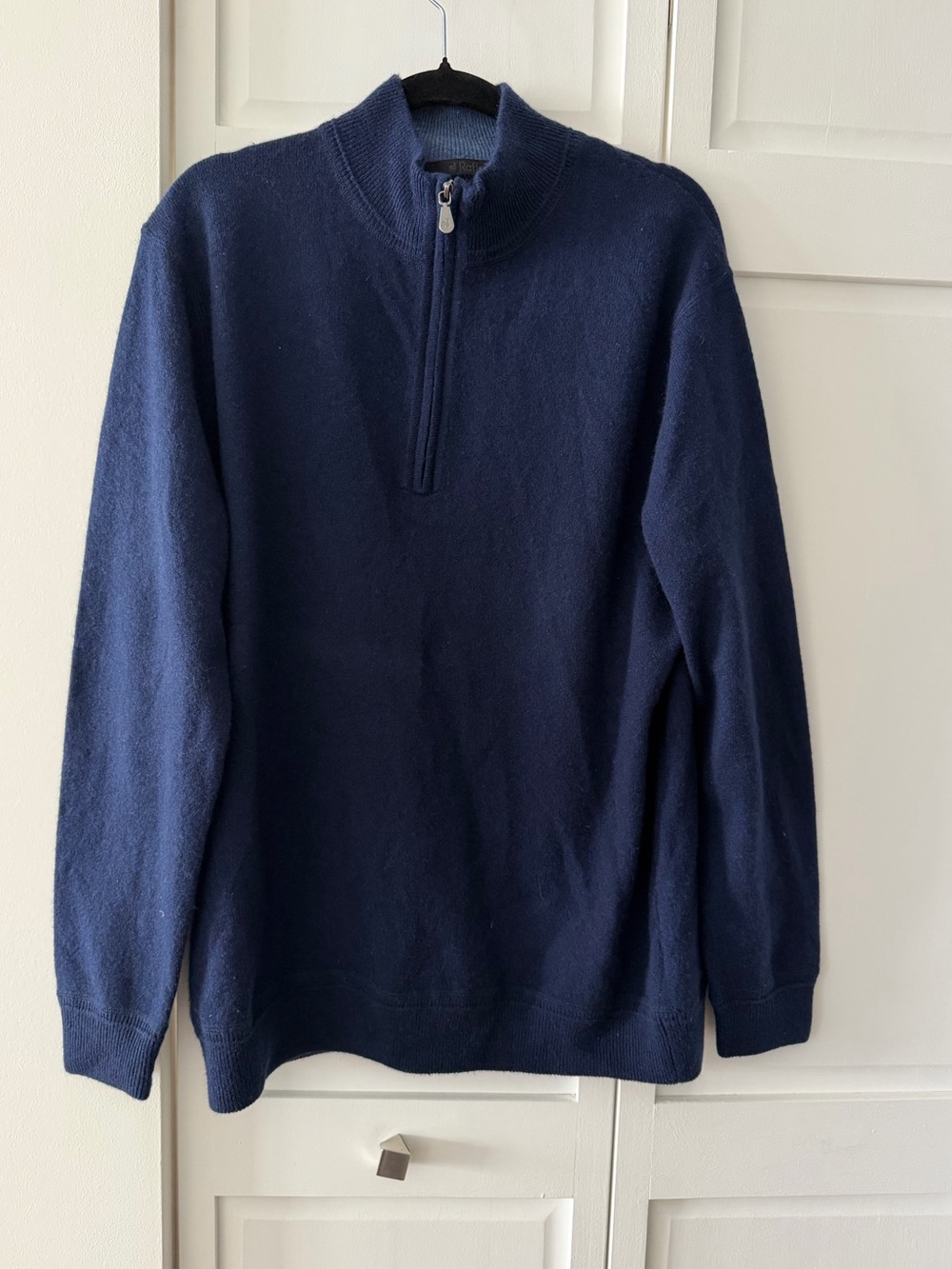 RAFFI Luxury 100% Cashmere Navy Blue Quarter Zip Sweater Elbow Patches Men L
